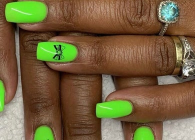 Bright neon green nails with bow art at Rue’s_beauty_studio, Cape Town, Western Cape, ZA