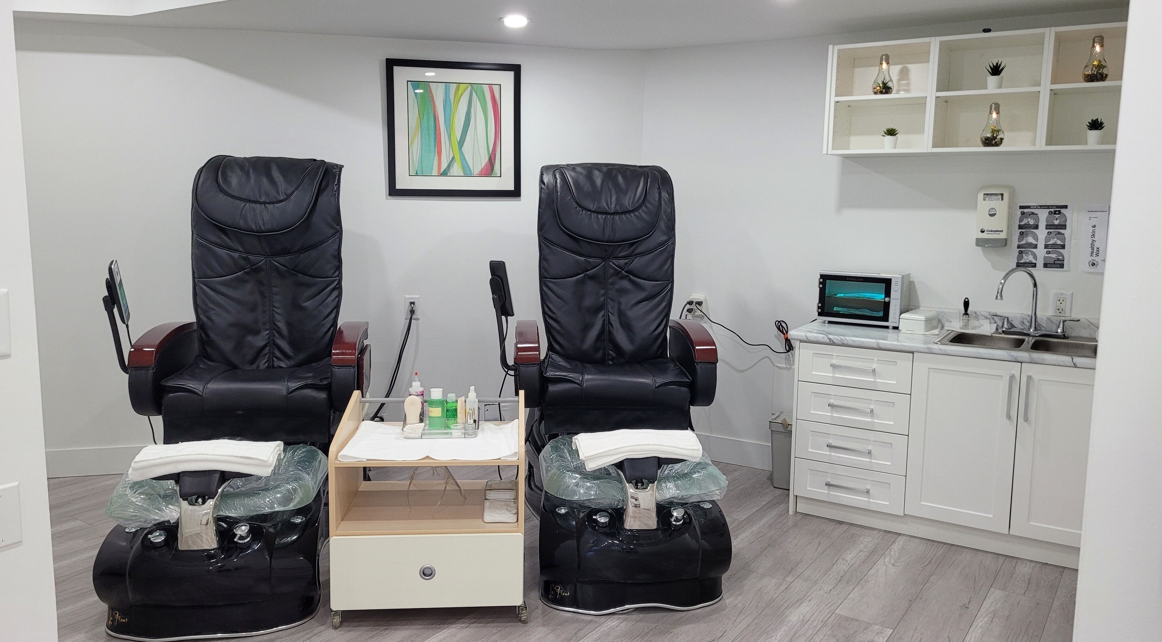Pedicure chairs at Healthy Skin and Wax in Langley Township, British Columbia, CA offer a relaxing spa experience.