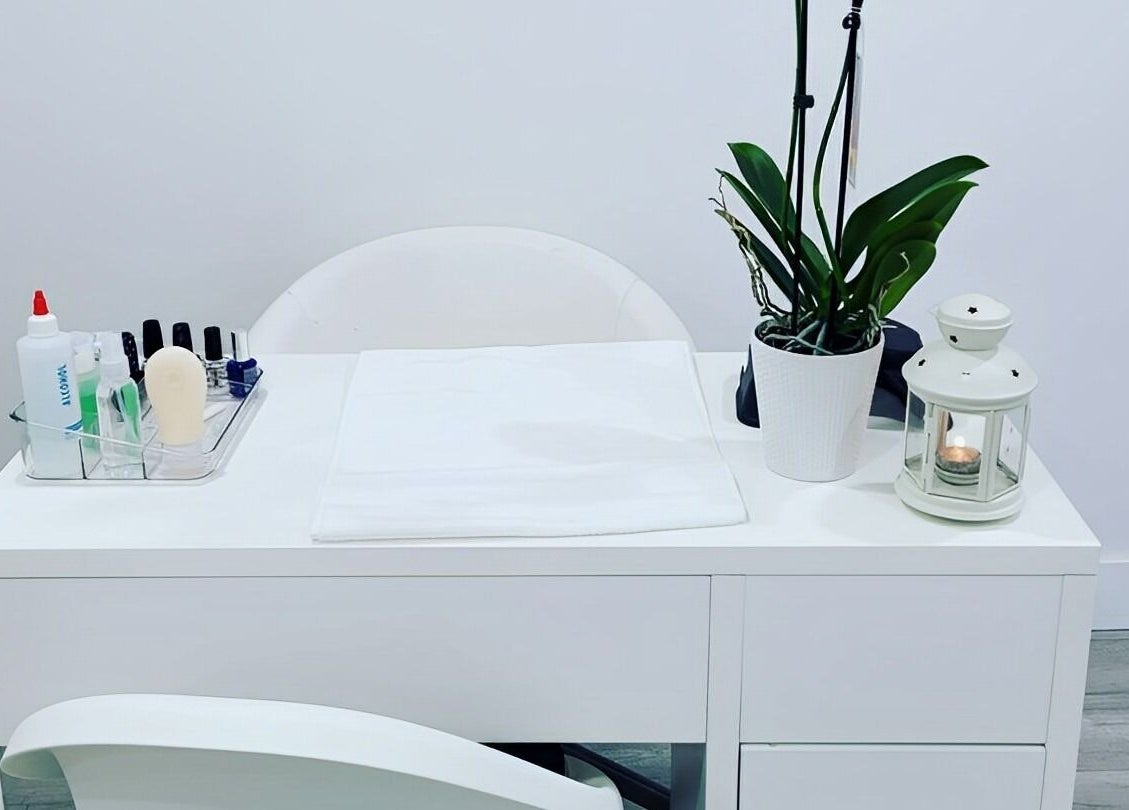 Manicure table with tools and decor at Healthy Skin and Wax, Langley Township, British Columbia, CA.