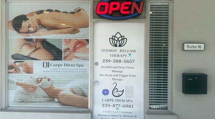 Entrance of Tension Release Therapy with spa ad at Fort Myers, Florida, US.