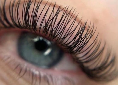 Closeup of expertly applied eyelash extensions at The Lash Lounge, Bridgwater, England, GB.