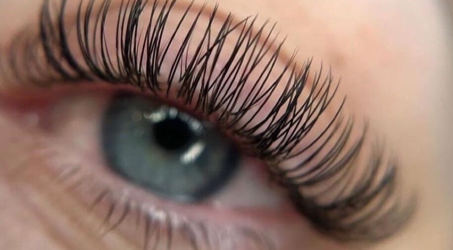 Closeup of expertly applied eyelash extensions at The Lash Lounge, Bridgwater, England, GB.