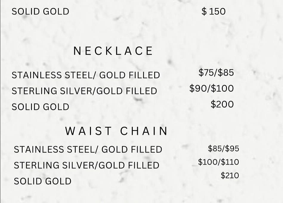 Jewelry pricing list at Nails by Jane inside Nail Glam Studio, Jamestown, North Carolina, US.