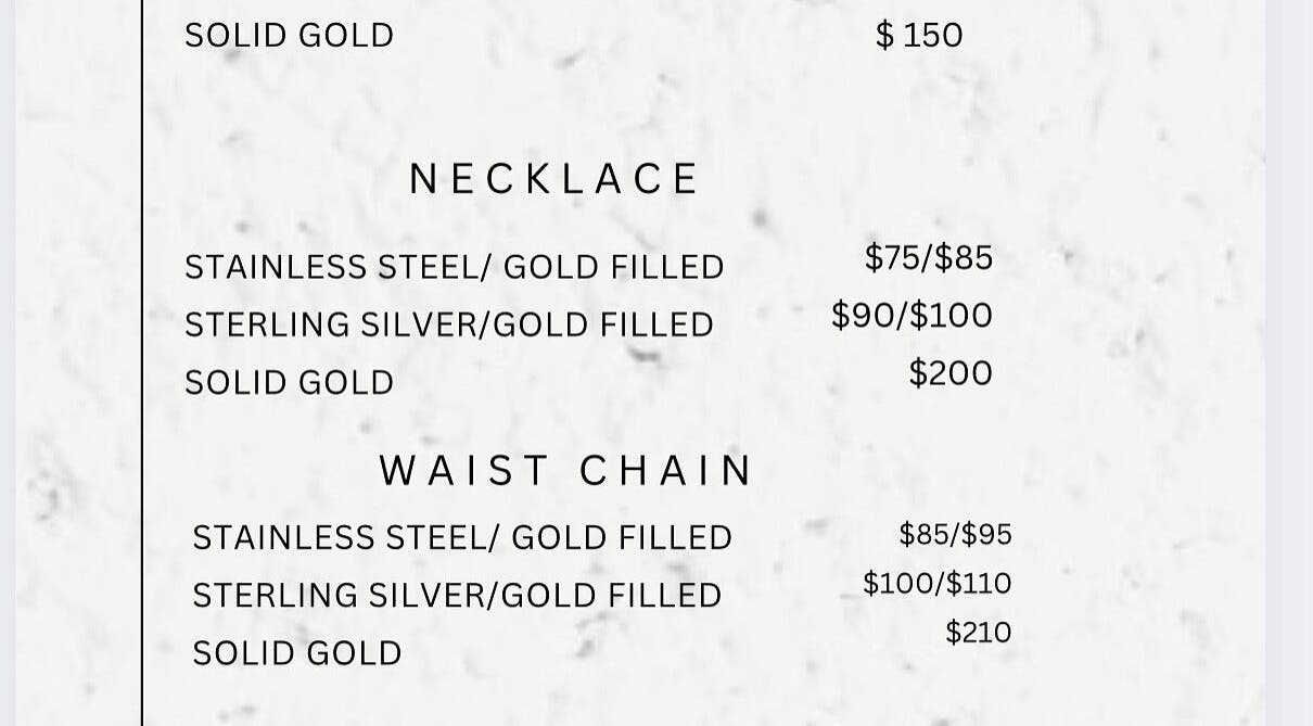 Jewelry pricing list at Nails by Jane inside Nail Glam Studio, Jamestown, North Carolina, US.