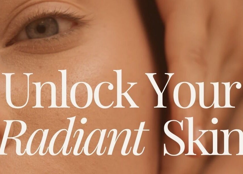 Close-up of a glowing face with 'Unlock Your Radiant Skin' text at Esthetically Yours, Texas, Texas, US.
