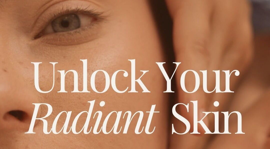Close-up of a glowing face with 'Unlock Your Radiant Skin' text at Esthetically Yours, Texas, Texas, US.