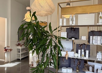 Interni eleganti di Evellyn Beauty a Lugano, Ticino, CH con scaffali dorati e prodotti di bellezza esposti.