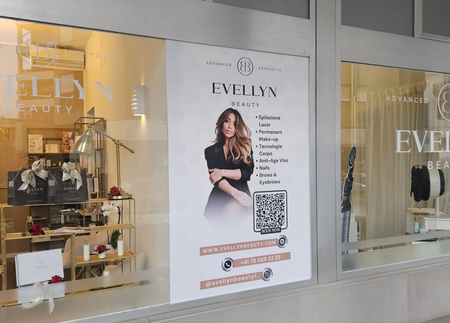 Vetrina moderna di Evellyn Beauty a Lugano, Ticino, CH con poster promozionale.