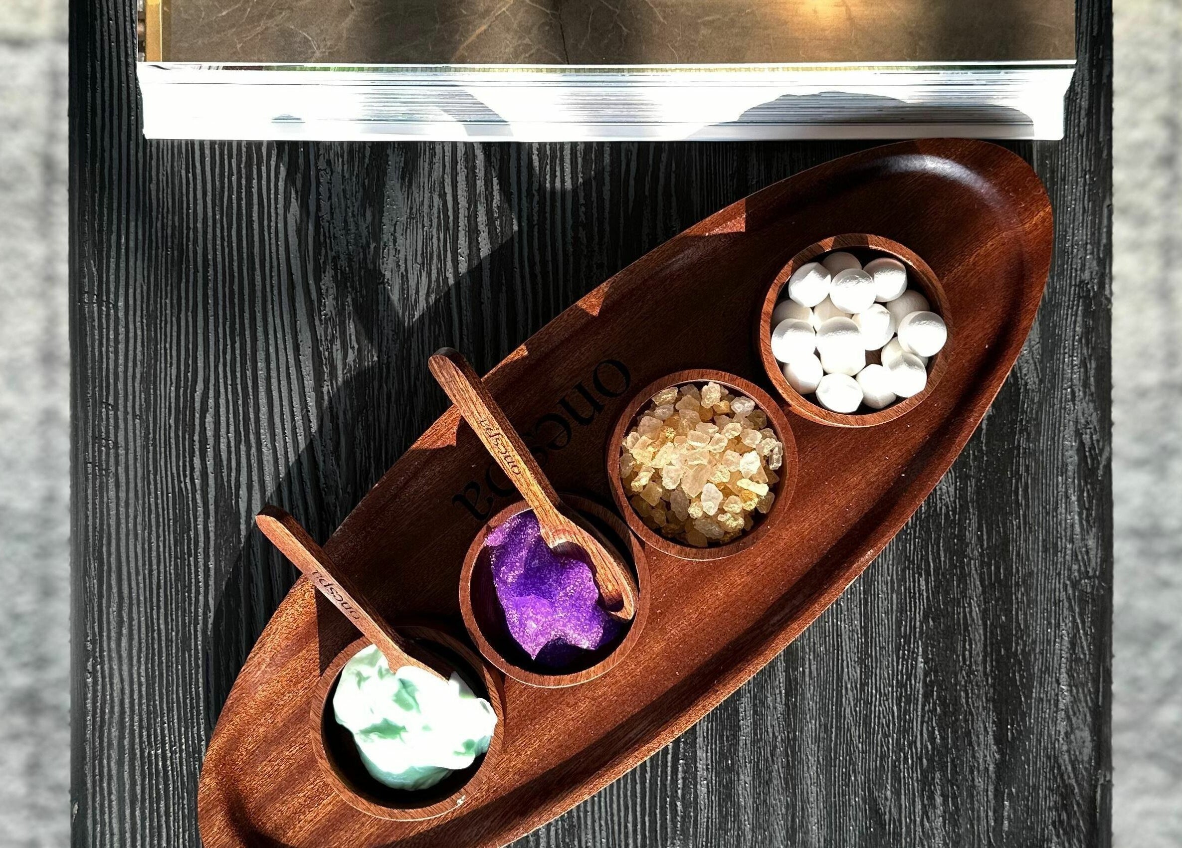 One Spa wellness tray with salts and oils in Riyadh, Riyadh Province, SA.