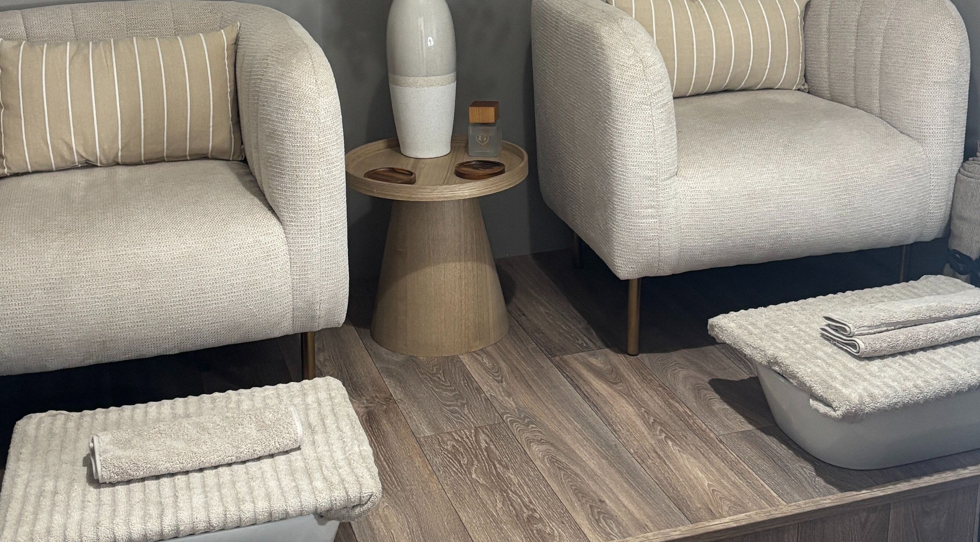 Chic relaxation chairs and pedicure setup at Rosy Touch, Ceres, Western Cape, ZA.