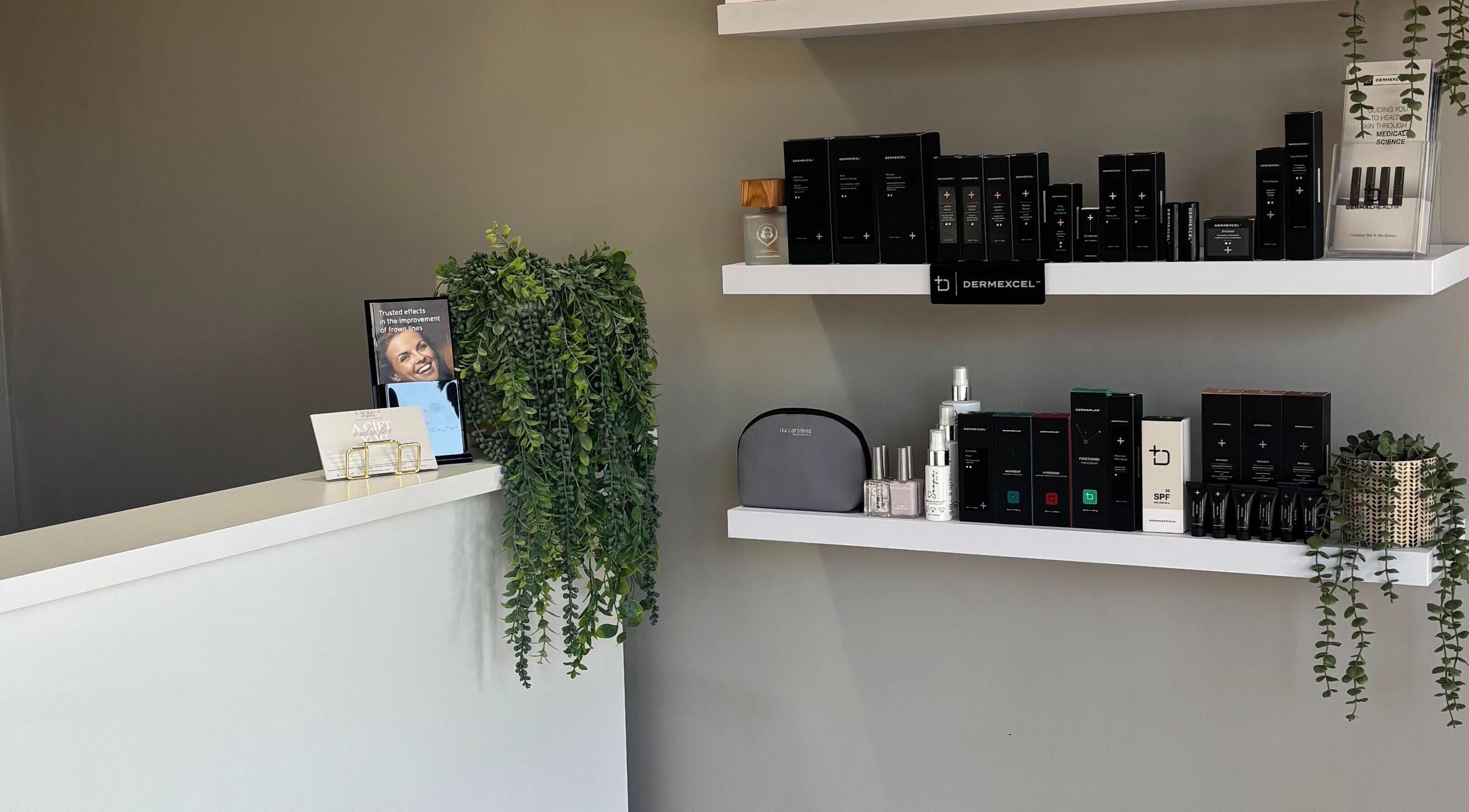 Product display at RosyTouch Aesthetics Ceres, Ceres, Western Cape, ZA showcasing skincare items on sleek shelves.