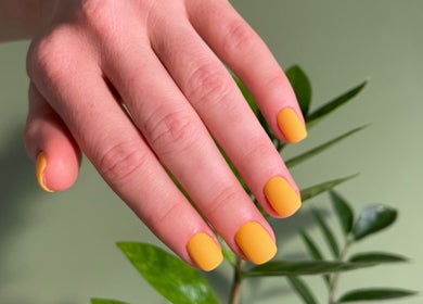 Yellow manicured nails at Anna Solska Studio, Hoofddorp, Noord-holland, NL, with plant background.
