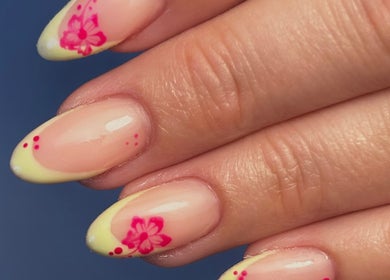 Close-up of floral nail art design at Beauty by Lilly Mae, Stanton Hill, England, GB.