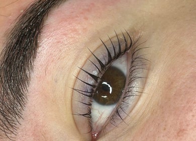 Close-up of a perfectly styled eyebrow and lashes at Beauty by Lilly Mae, Stanton Hill, England, GB.