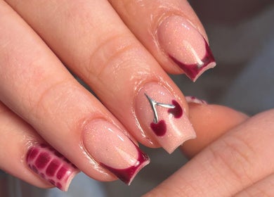 Stylish cherry nail art at Beauty by Lilly Mae, Stanton Hill, England, GB.