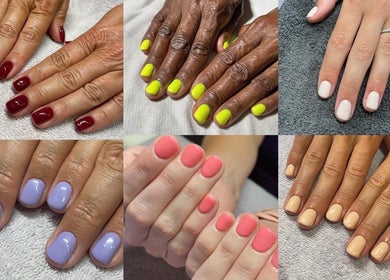 Colorful nail designs at Tiffani Blu Studios, Atlanta, Georgia, US, showcasing diverse styles and vibrant hues.