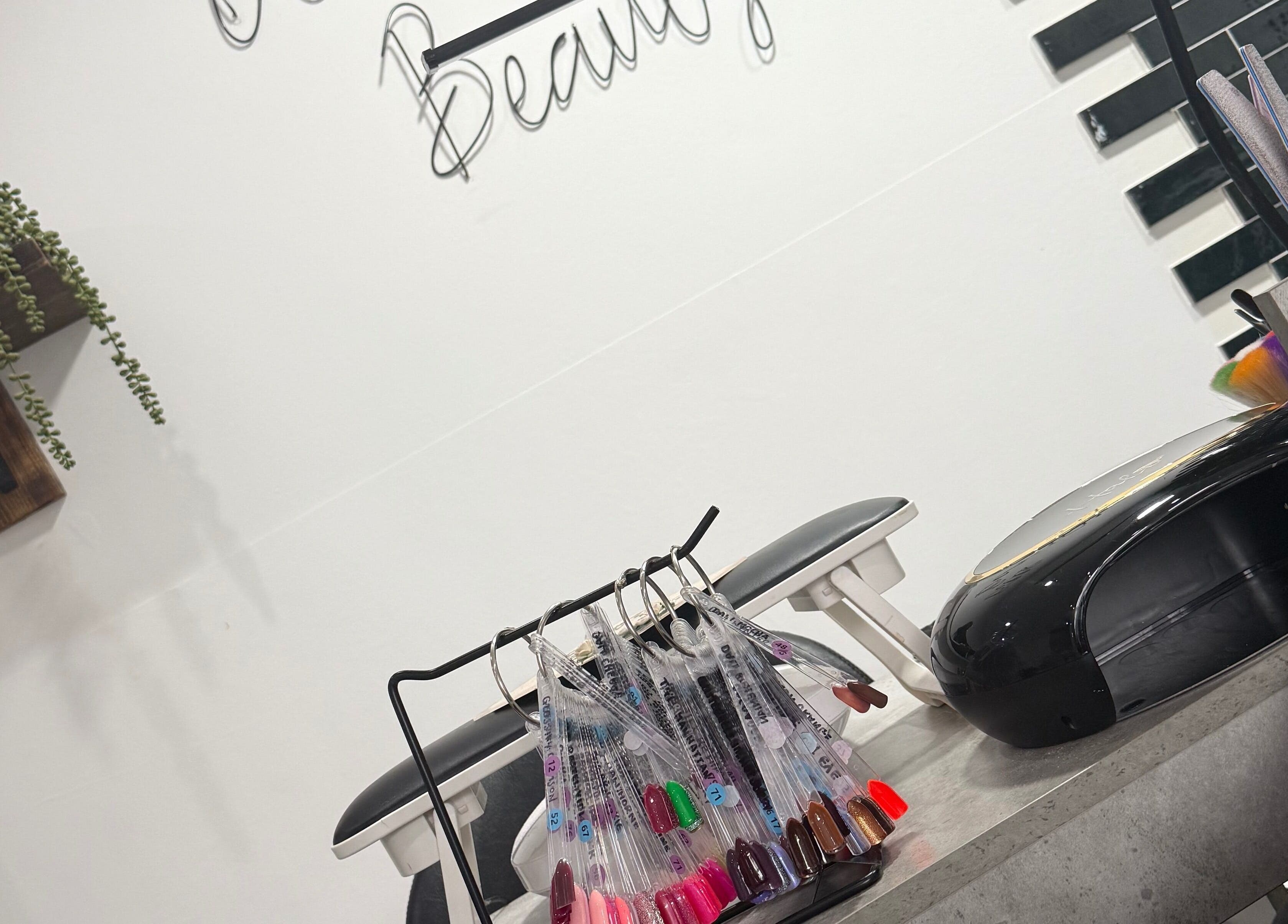 Nail polish color samples and tools at Betts Beauty in Farington, England, GB.