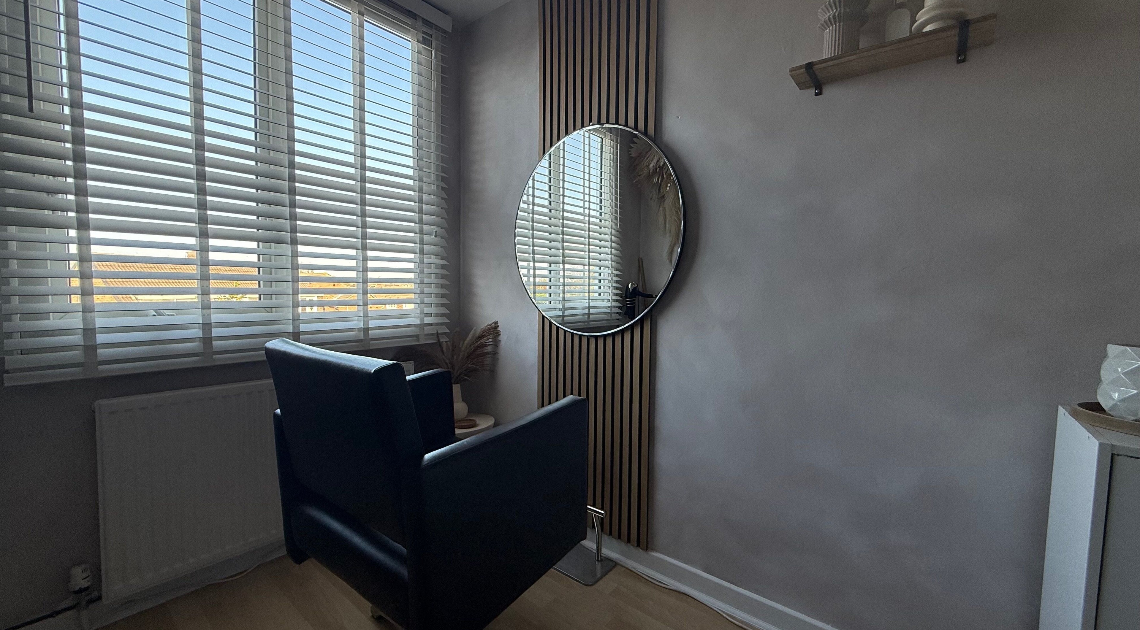 Elegant styling chair and round mirror in Hairology By Rosie, Garforth, England, GB.