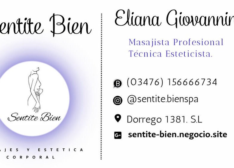 Tarjeta de presentación de Sentite Bien en San Lorenzo, Santa Fe, AR con contacto y dirección.