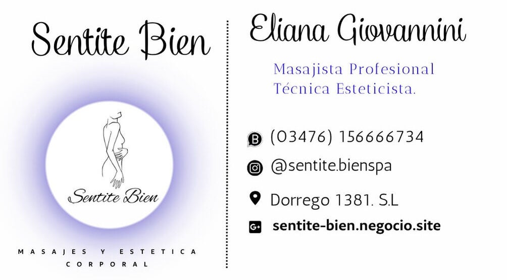 Tarjeta de presentación de Sentite Bien en San Lorenzo, Santa Fe, AR con contacto y dirección.