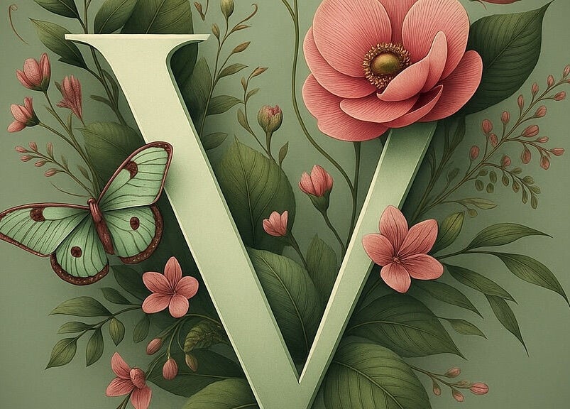 Estudio V en Olavarría, Provincia De Buenos Aires, AR: Letra 'V' decorada con flores y mariposa verde.