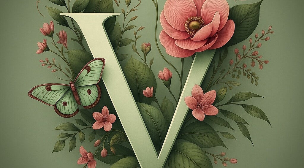 Estudio V en Olavarría, Provincia De Buenos Aires, AR: Letra 'V' decorada con flores y mariposa verde.
