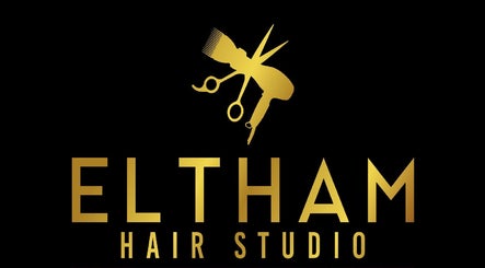 Elegant gold tools logo for Eltham Hair Studio in London, England, GB.