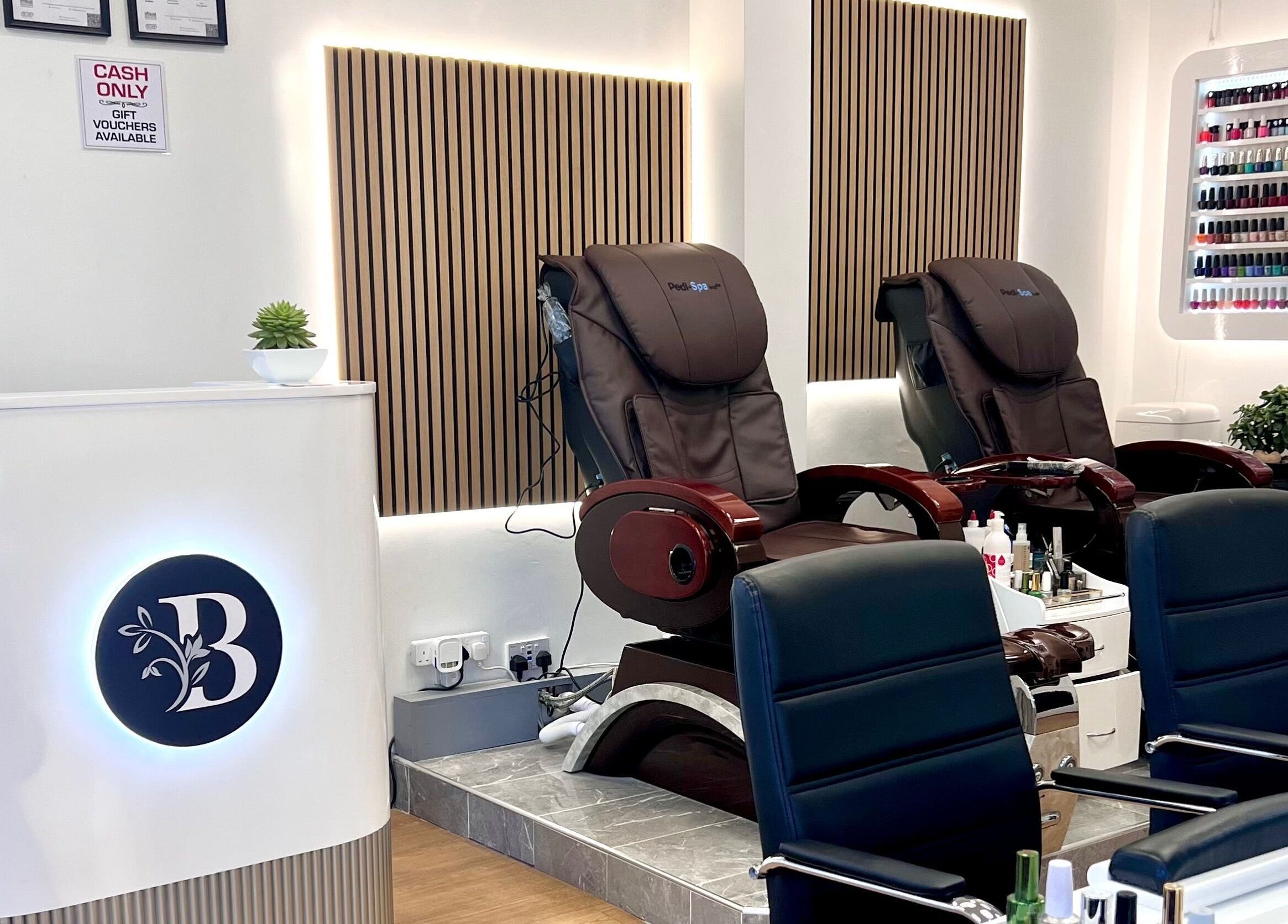 Luxurious pedicure chairs at Broadstone Nails and Spa, Poole, England, GB, offering a serene spa experience.