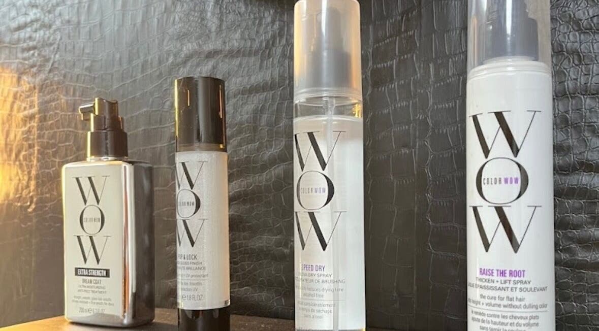 Color WOW hair products displayed at Studio M, Euless, Texas, US, showcasing expert haircare solutions.