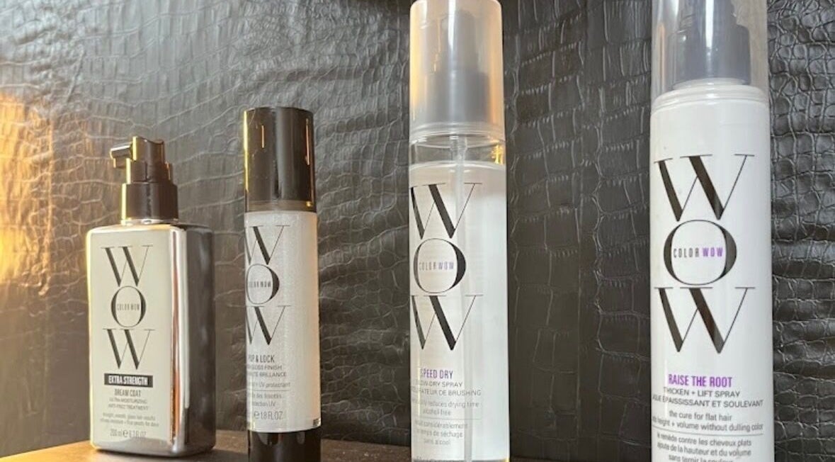 Color WOW hair products displayed at Studio M, Euless, Texas, US, showcasing expert haircare solutions.
