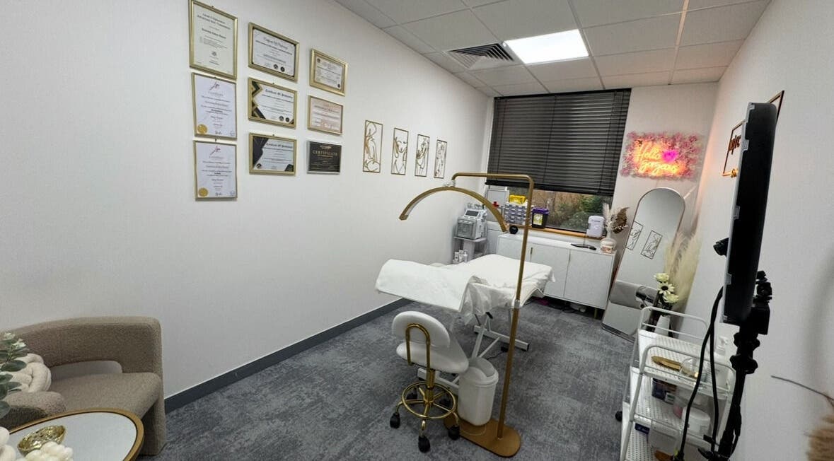 Elegant treatment room at Mitch Aesthetics London, Uxbridge, England, GB with sleek interiors and modern decor.