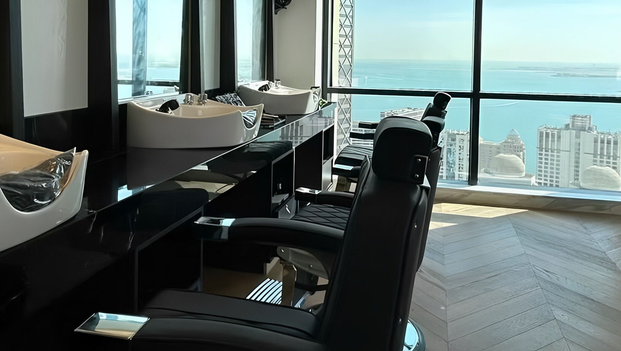 Luxurious salon station with a stunning skyline view at AlSagheer Salon, Doha, Doha Municipality, QA.