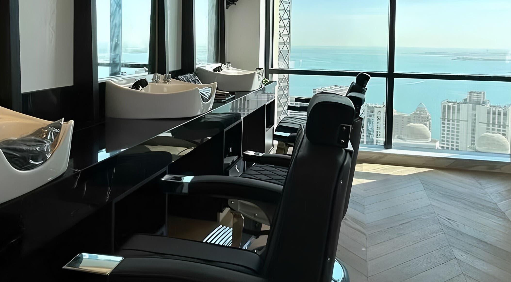 Luxurious salon station with a stunning skyline view at AlSagheer Salon, Doha, Doha Municipality, QA.