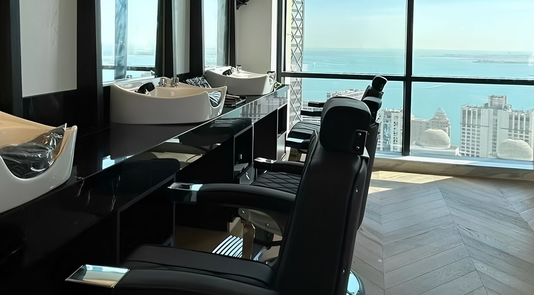 Luxurious salon station with a stunning skyline view at AlSagheer Salon, Doha, Doha Municipality, QA.
