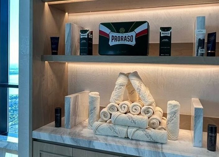 Luxurious grooming products at AlSagheer Salon, Doha, Doha Municipality, QA with a scenic window view.