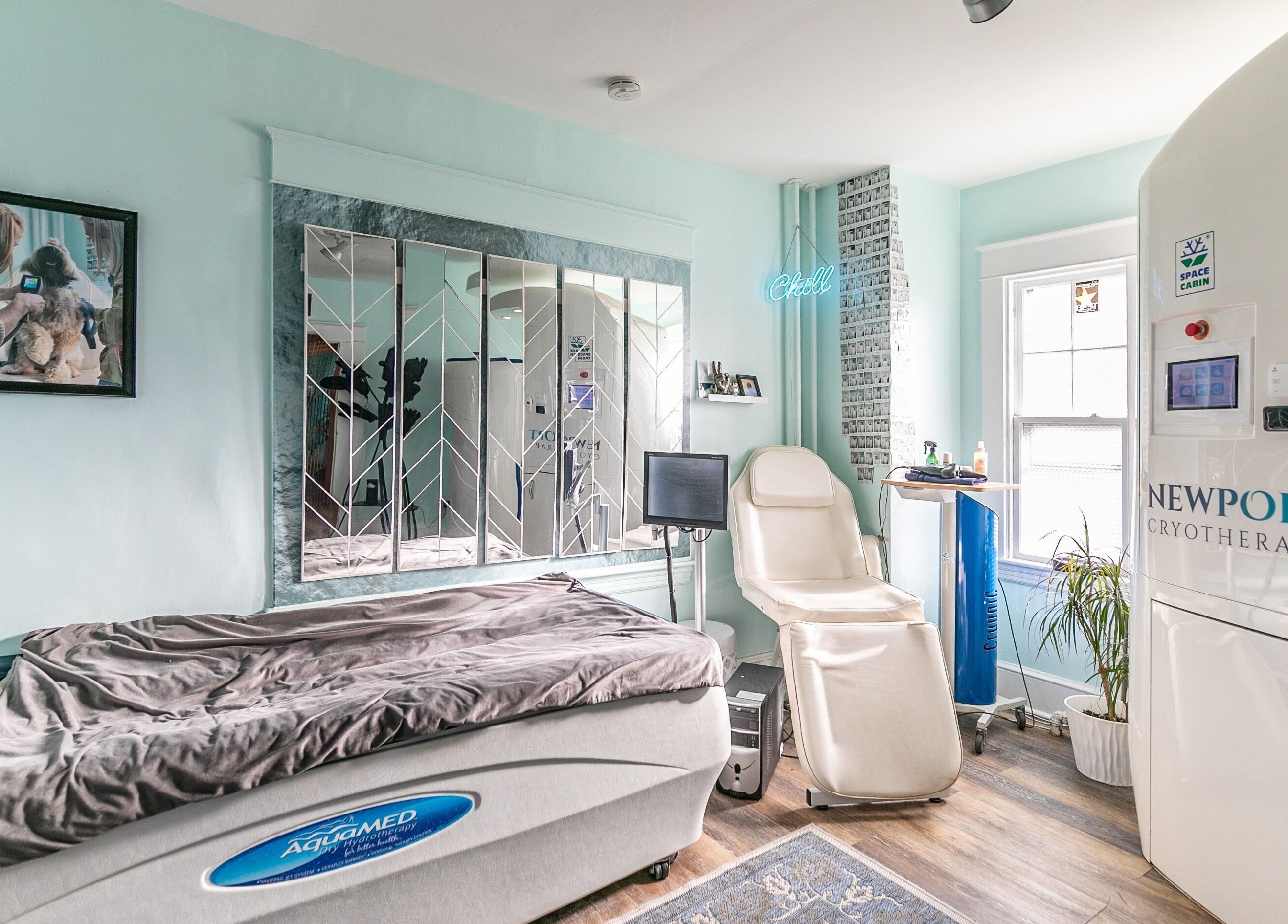 Relaxing cryotherapy room at Middletown, Rhode Island, US with modern equipment and soothing ambiance.