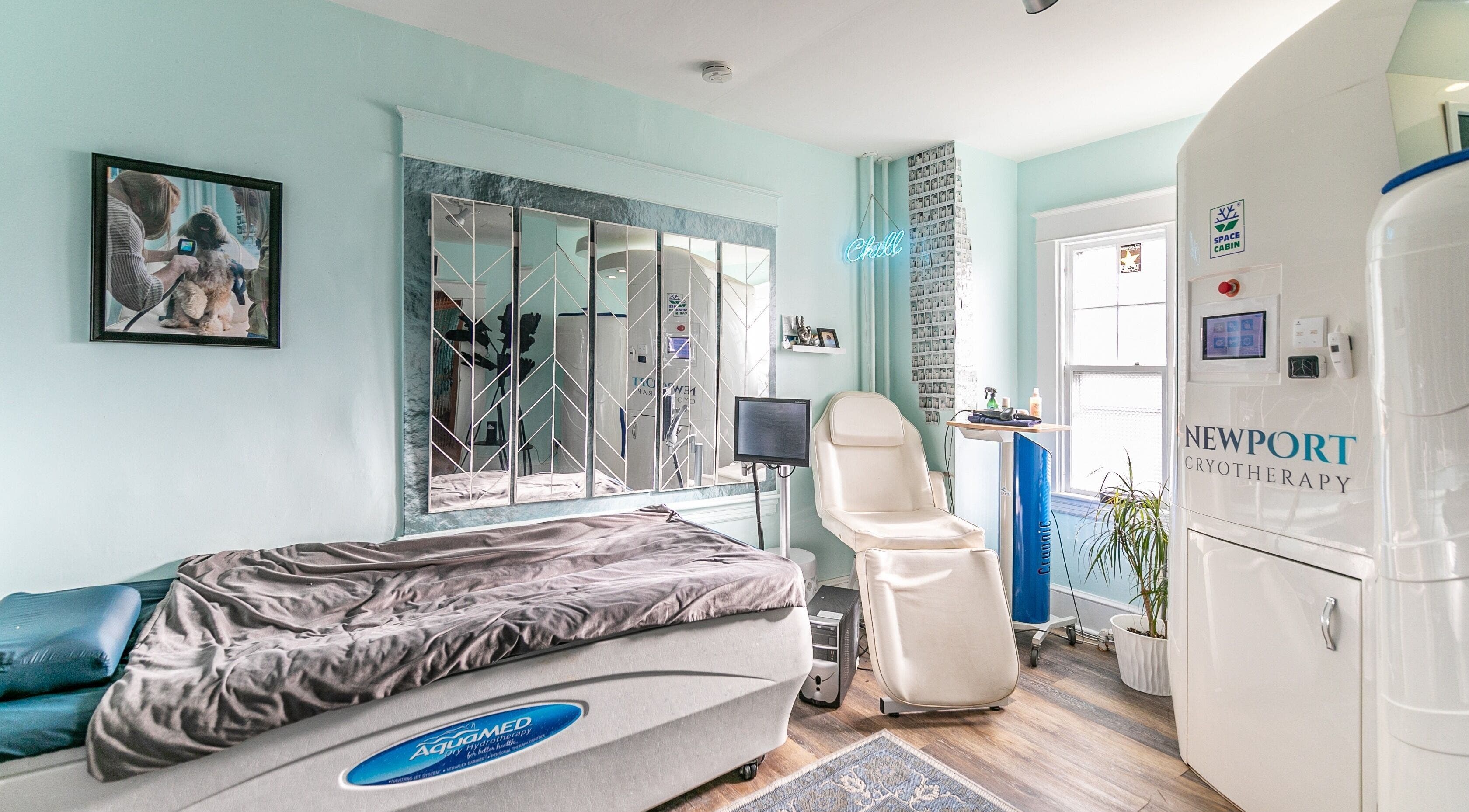 Relaxing cryotherapy room at Middletown, Rhode Island, US with modern equipment and soothing ambiance.