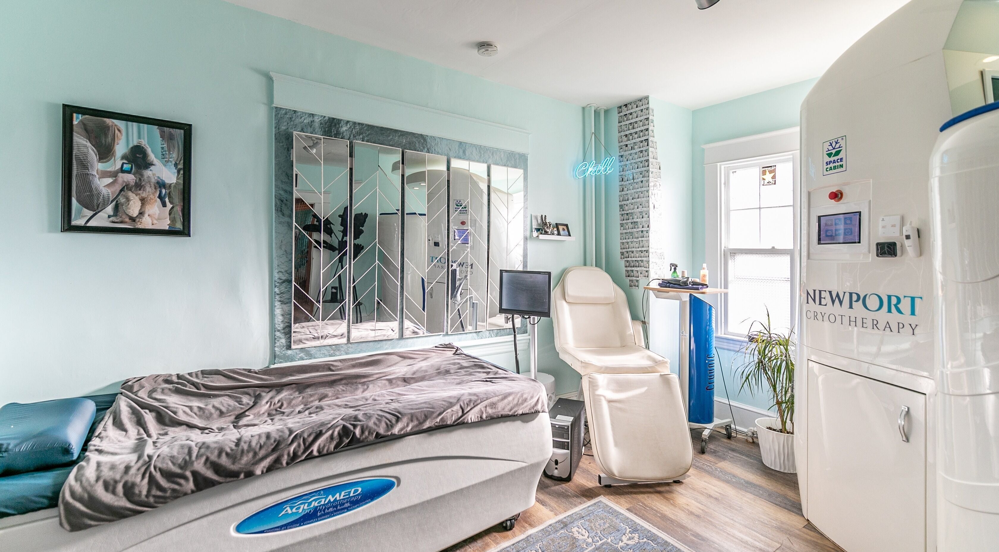 Relaxing cryotherapy room at Middletown, Rhode Island, US with modern equipment and soothing ambiance.