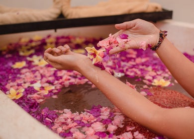 Luxurious flower bath at Ambiente Spa at Rama Residence Petitenget, Bali, Bali, ID. Perfect relaxation retreat.
