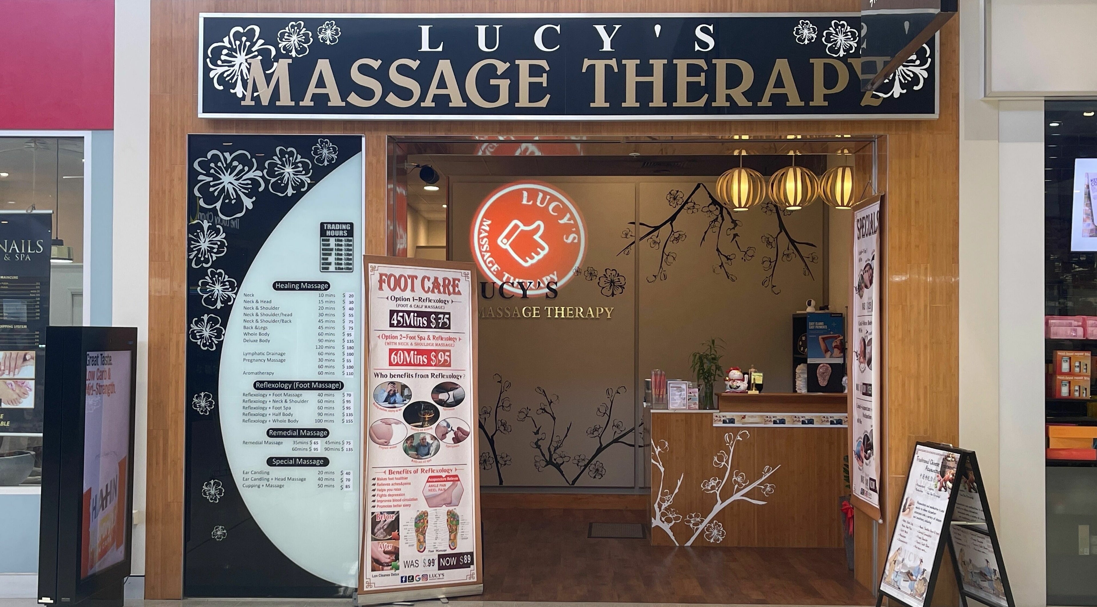 Entrance of Lucy’s Massage Therapy in Rockhampton, Queensland, AU, featuring elegant floral design.