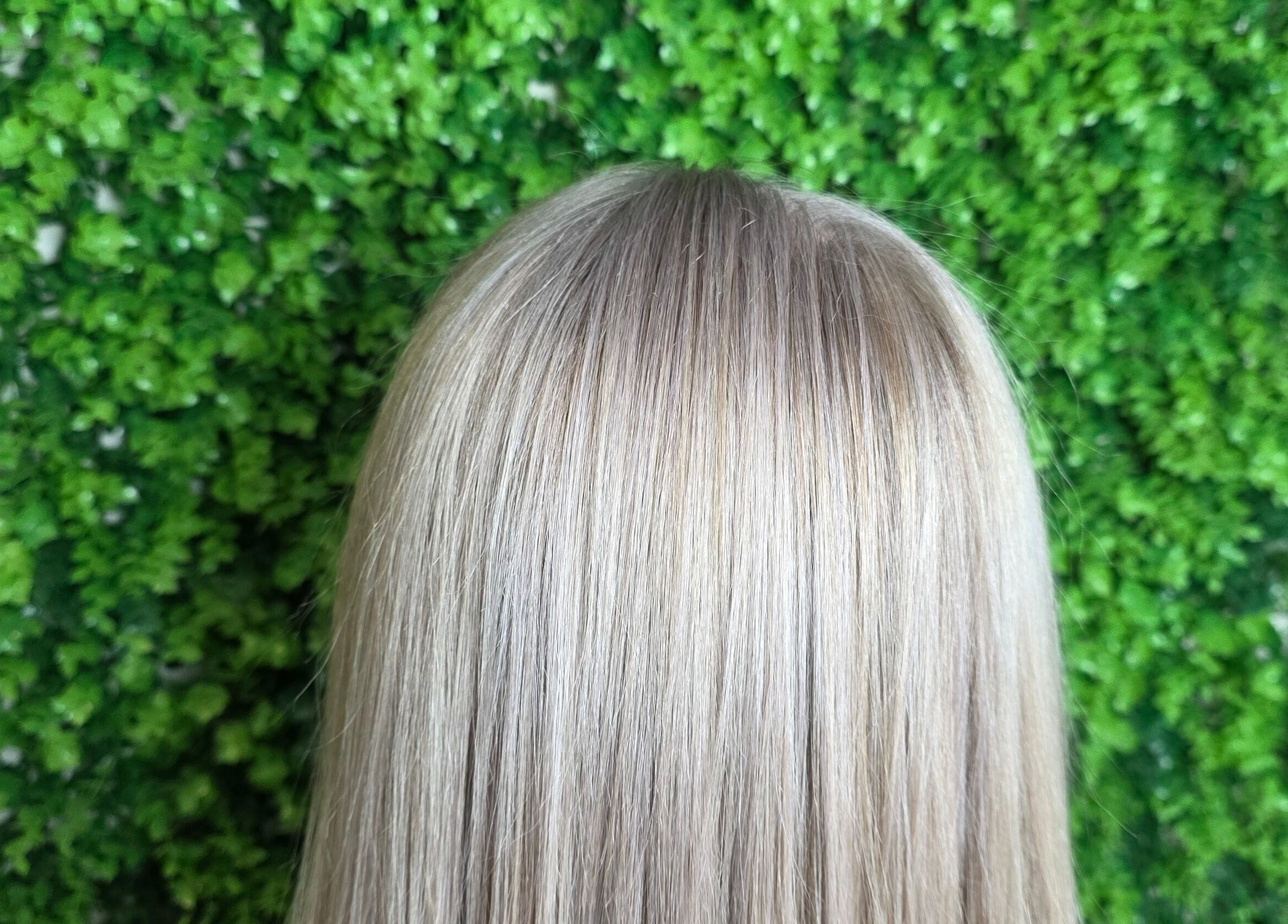 Sleek blonde hair at L and B International, Sandton, Gauteng, ZA, stylishly set against a lush green backdrop.