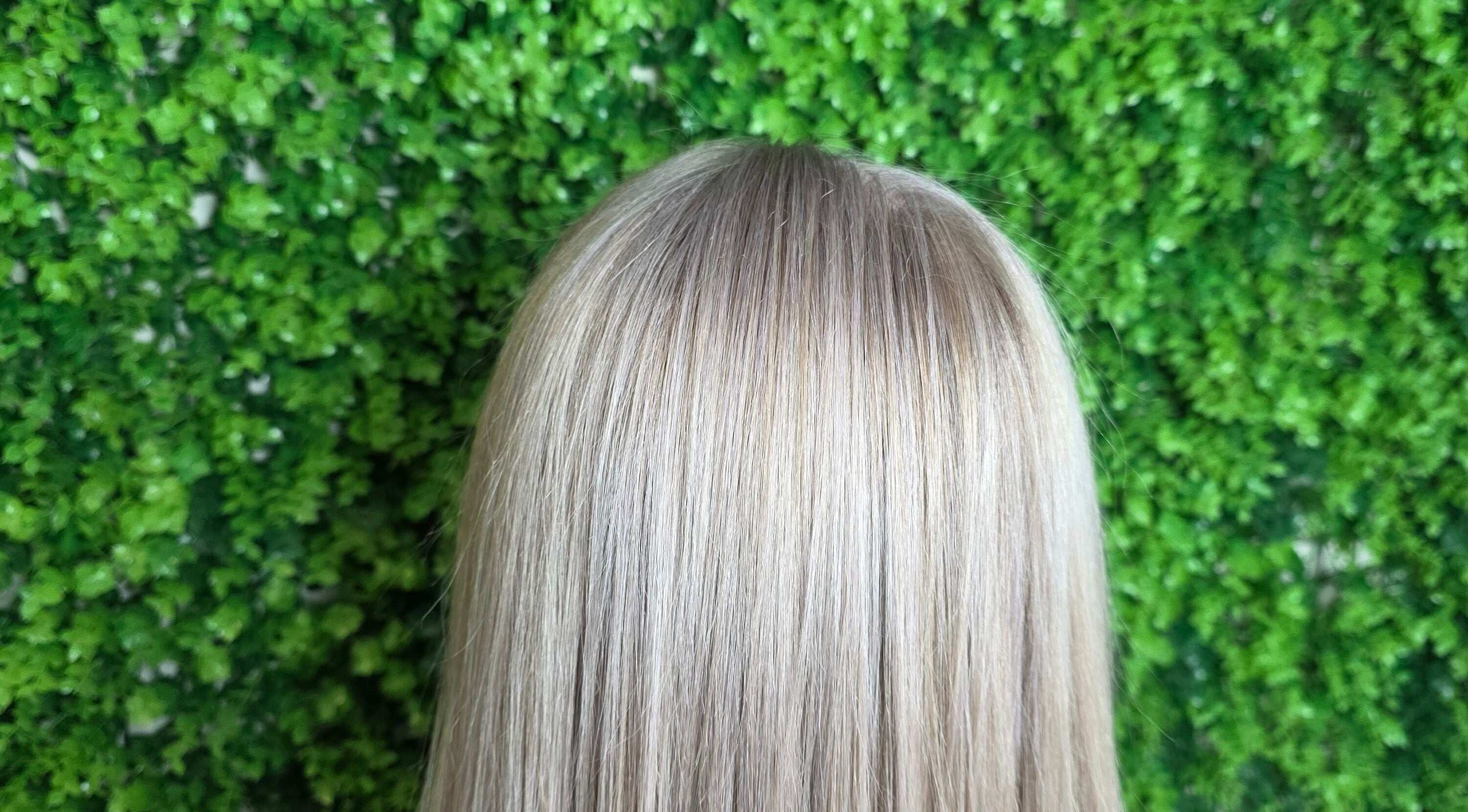 Sleek blonde hair at L and B International, Sandton, Gauteng, ZA, stylishly set against a lush green backdrop.