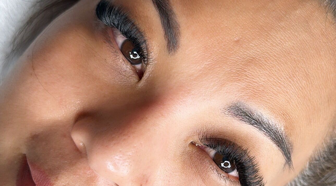 Close-up of a woman's eye with voluminous eyelashes at Lashes Bymissm, Macquarie Fields, New South Wales, AU.