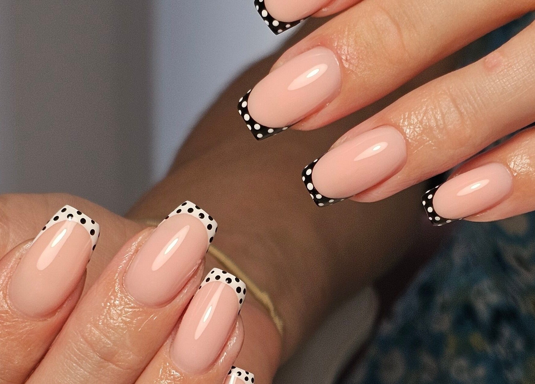 Chic polka dot manicure at Nails by Alissia, Bournemouth, England, GB. Perfect fusion of style and elegance.