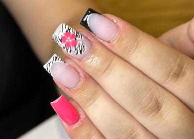Stylish zebra and pink nails by Brook Olyvia at Radiance Aesthetics, Portsmouth, England, GB.