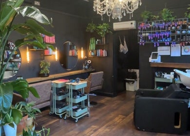 Chic interior of Jordan Alexander @ Bathgate with lush plants, mirrors, and salon chairs. Bathgate, Scotland, GB.