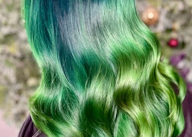 Vibrant green hair styled in waves at Jordan Alexander @ Bathgate (Tues/Wed/Thur), Bathgate, Scotland, GB.