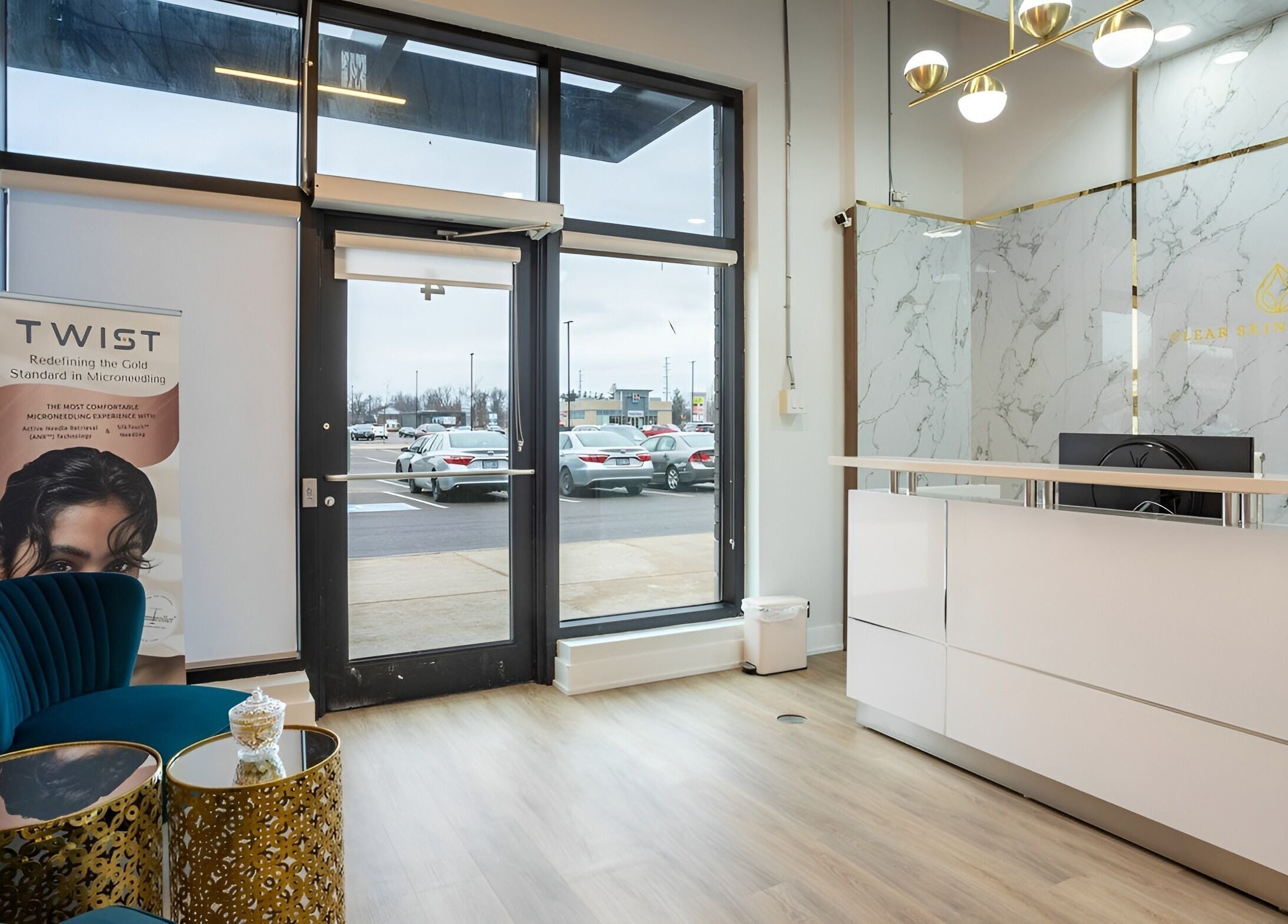 Elegant reception area at Clear Skin Medi Spa, Brampton, Ontario, CA with modern decor and bright lighting.
