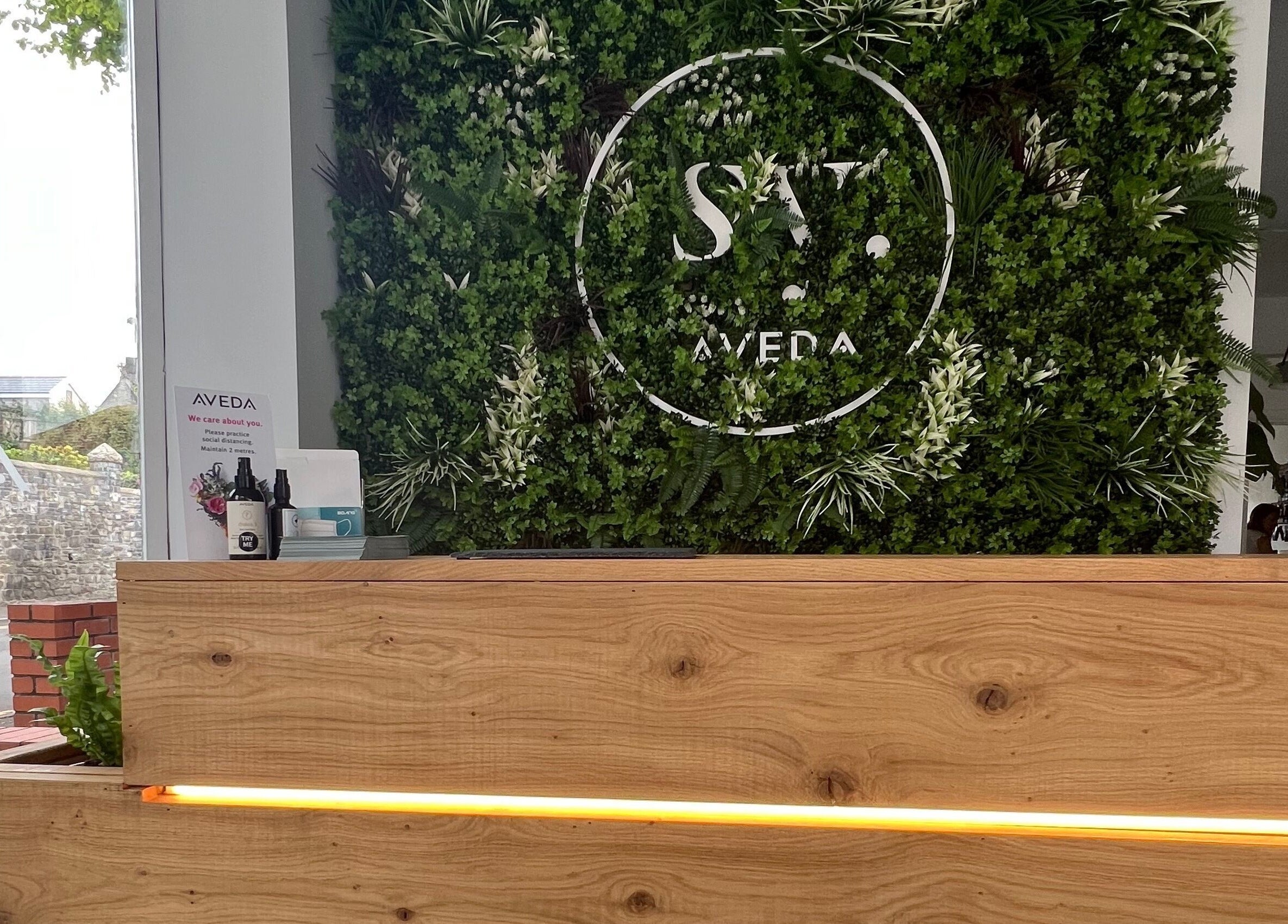 Reception area at Stacey Yuen Aveda Mumbles, Swansea, Wales, GB with lush greenery and Aveda logo.