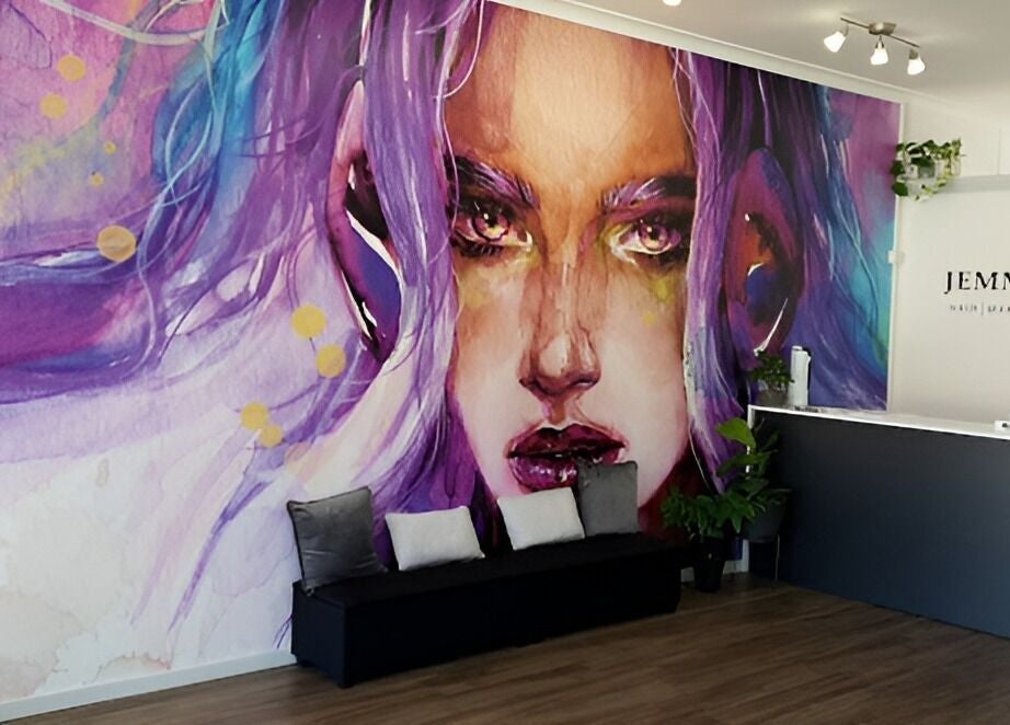 Vivid mural and chic reception at Jemma May, Albany, Western Australia, AU, showcasing a welcoming atmosphere.